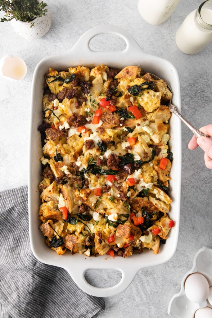 English muffin breakfast bake in a casserole dish. 