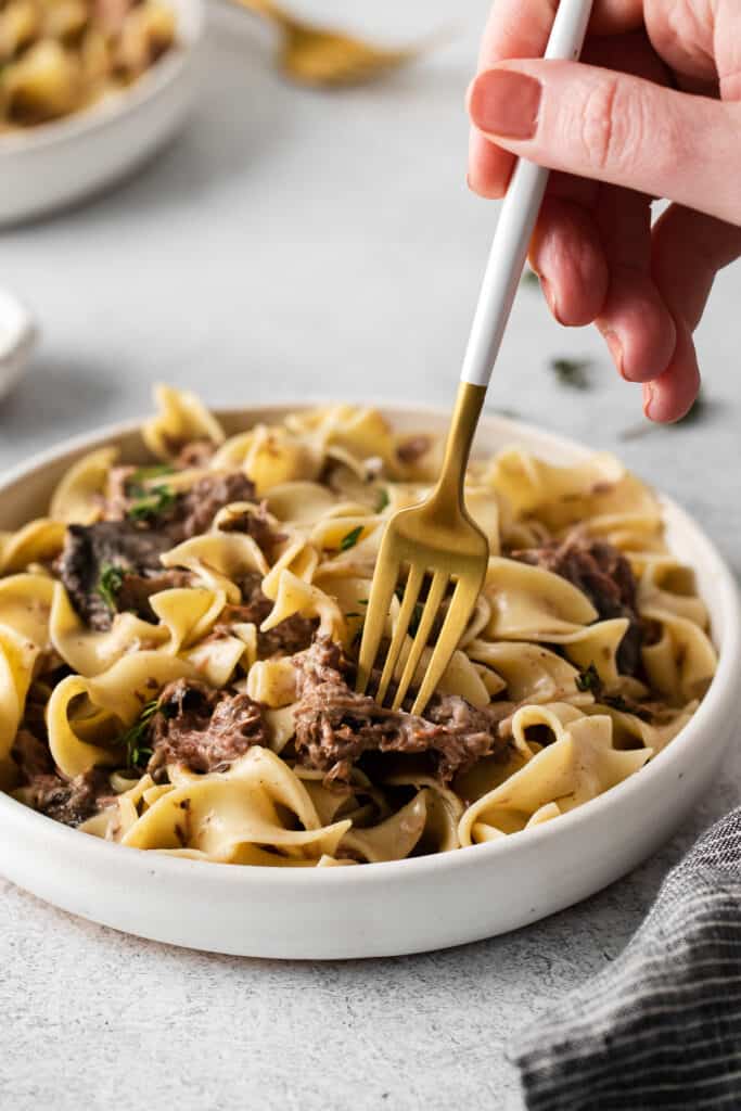 bowl of slow cooker beef stroganoff with egg noodles on a a fork