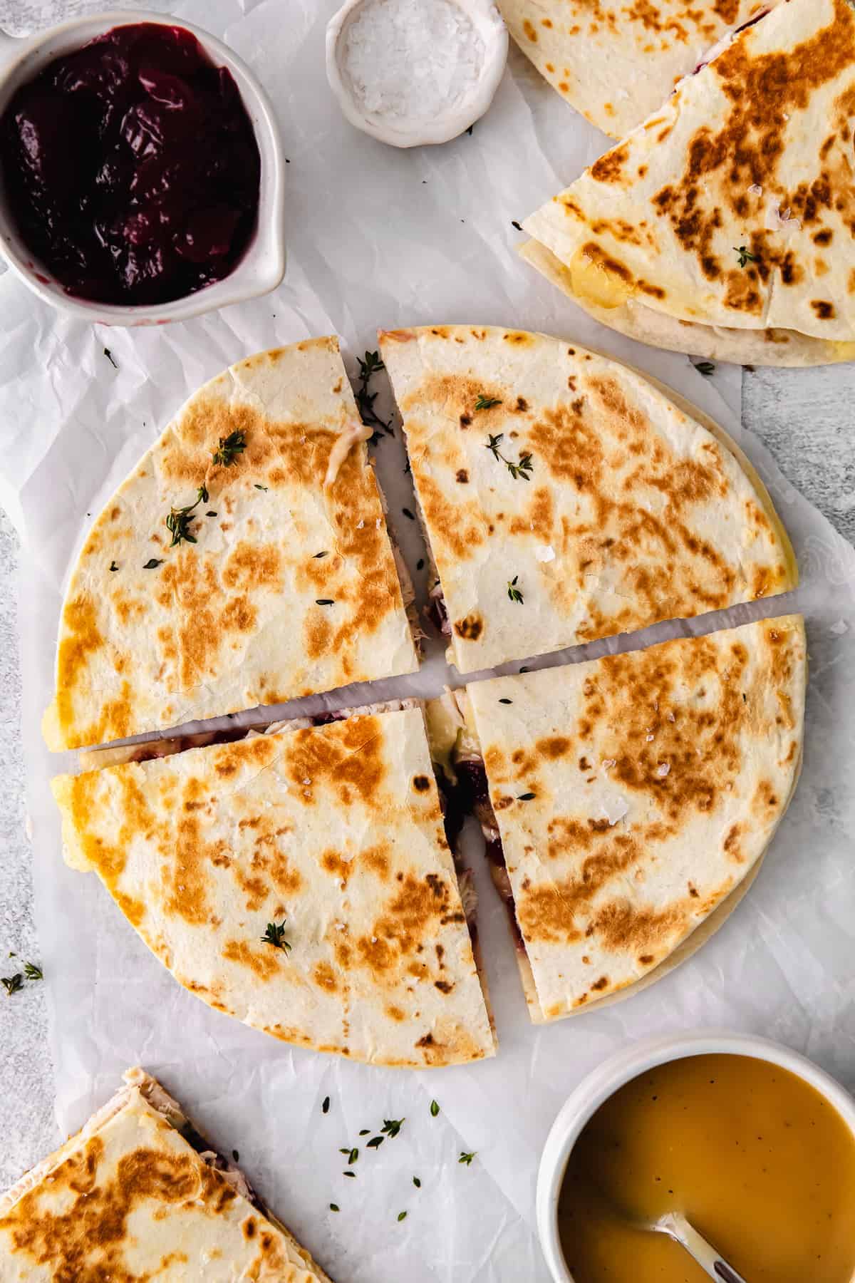 leftover thanksgiving turkey quesadilla cut into 4 slices