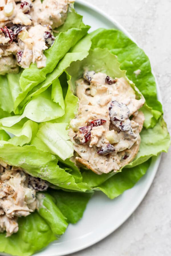 Cranberry chicken lettuce wraps on a plate.