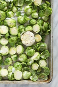 Brussels sprouts on baking sheet, roasted.