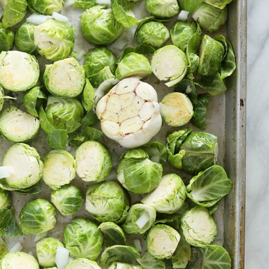 Brussels sprouts on baking sheet, roasted.