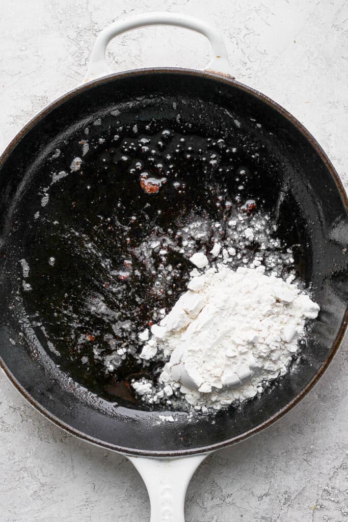 flour in a cast iron skillet for a bacon roux