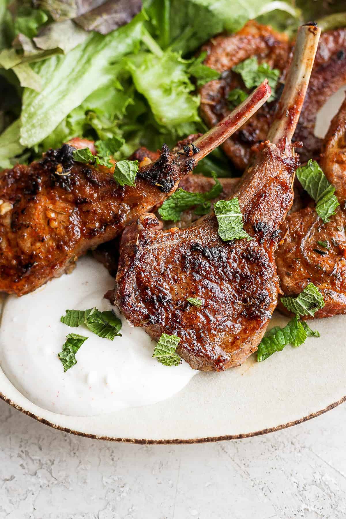 pan seared lamb chop plated over a homemade aioli