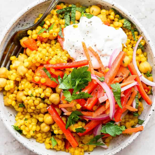 Lemon Garlic Israeli Couscous with Whipped Feta Fit Foodie Finds