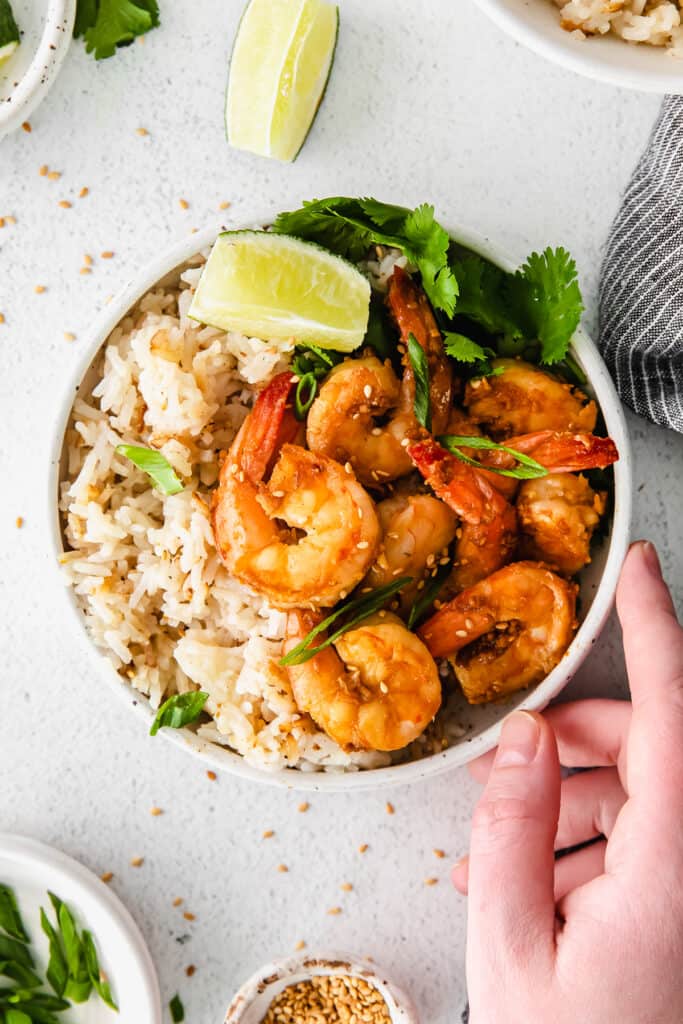 Shrimp and rice in a bowl. 