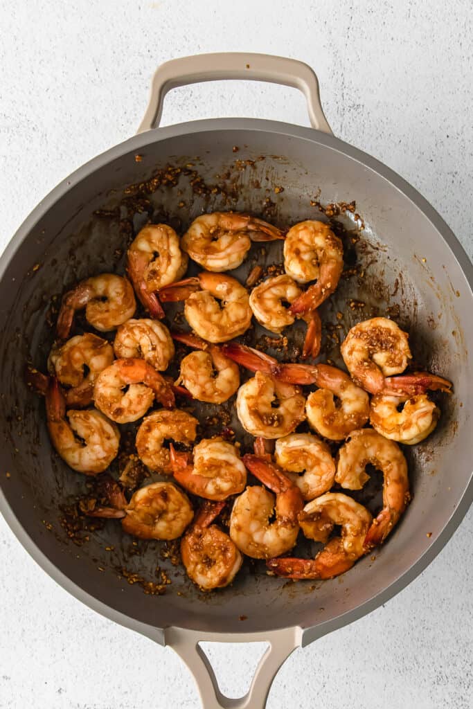 Cooked shrimp in a pan. 