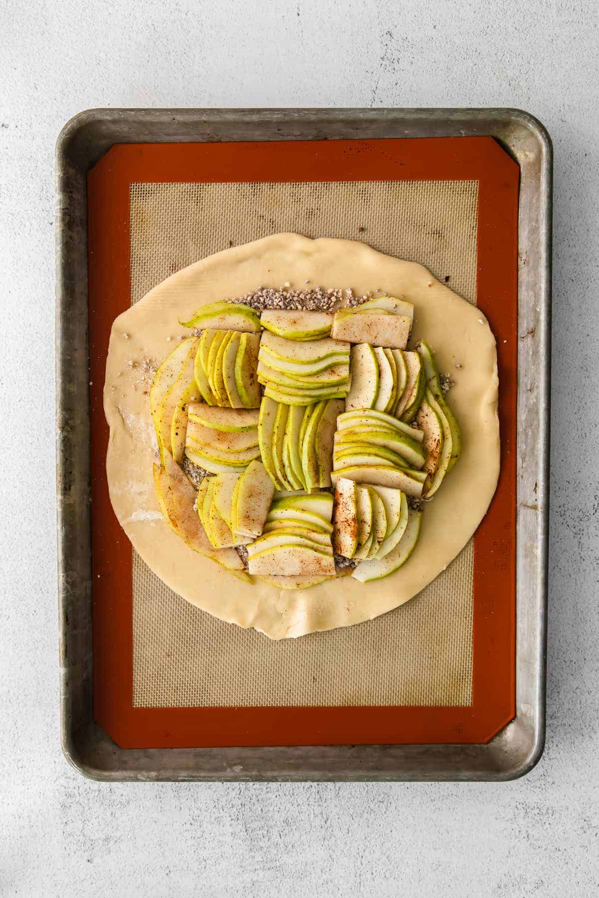 Pears in the middle of a pie crust. 