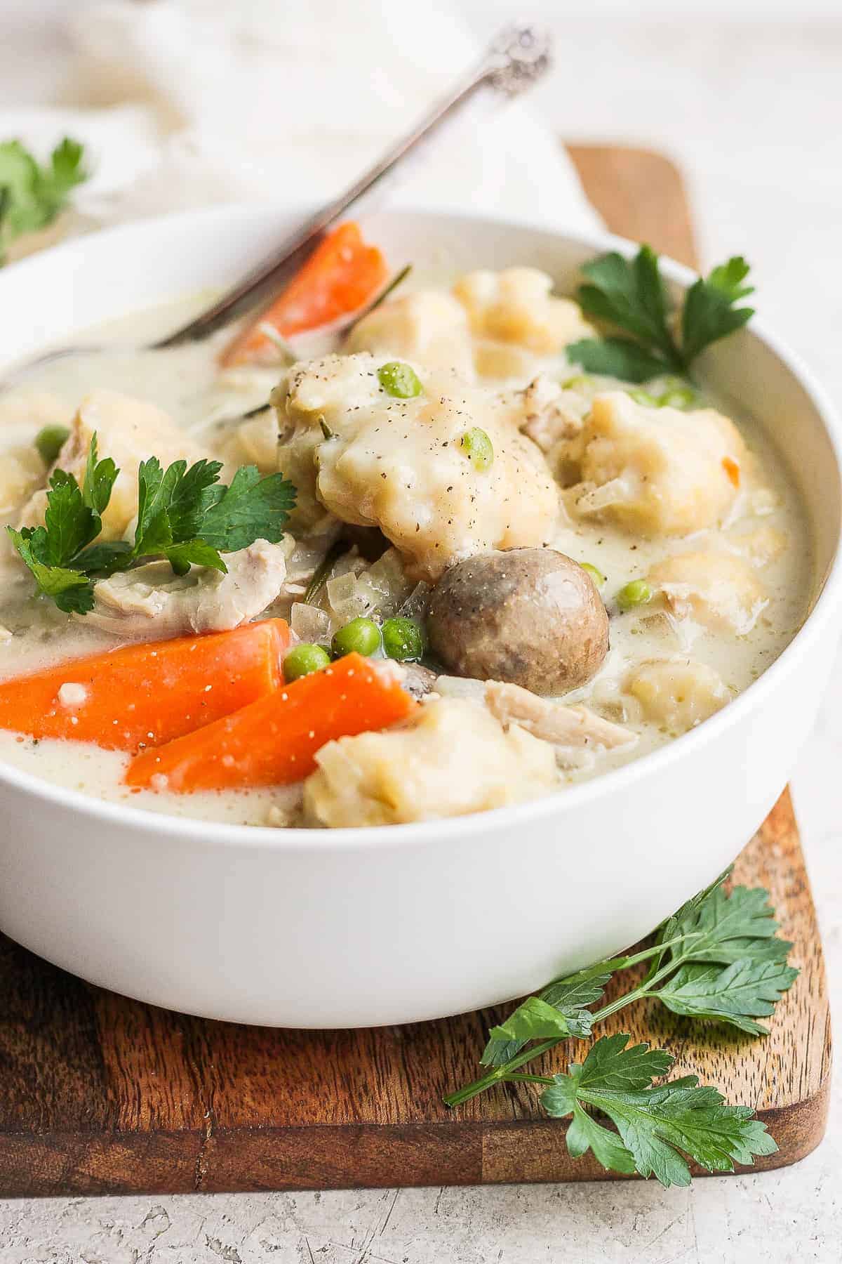 Chicken and dumplings in a bowl.