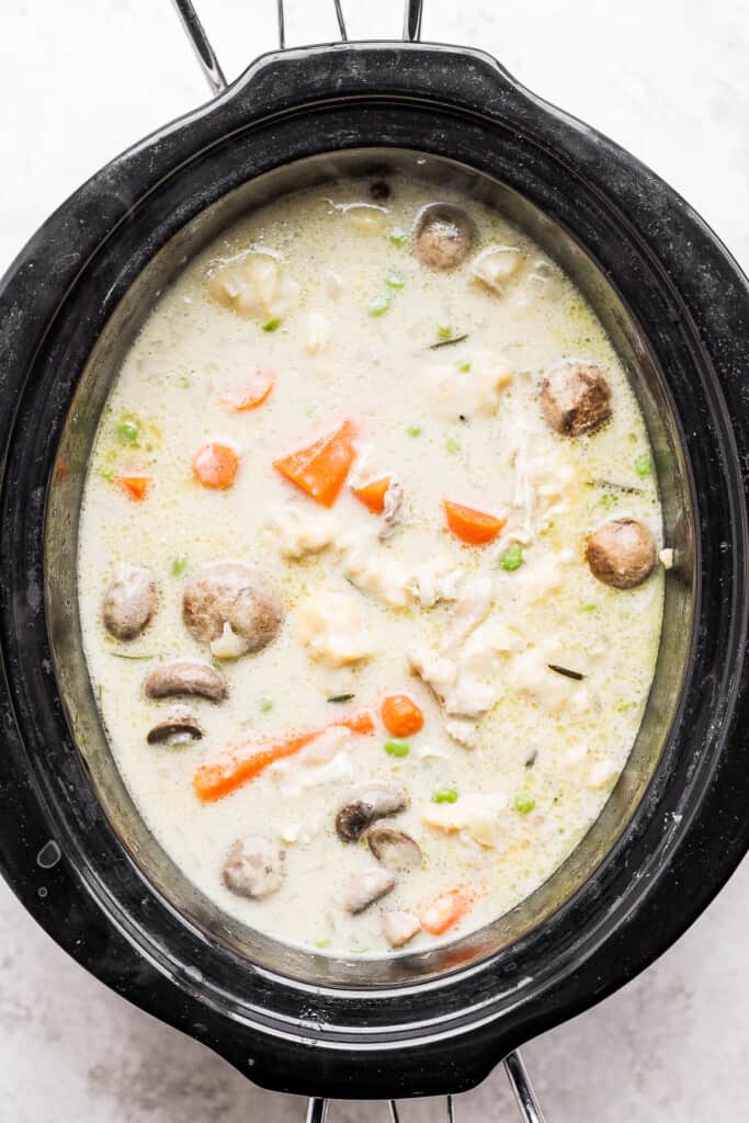 Slow cooker chicken and dumplings in a slow cooker.