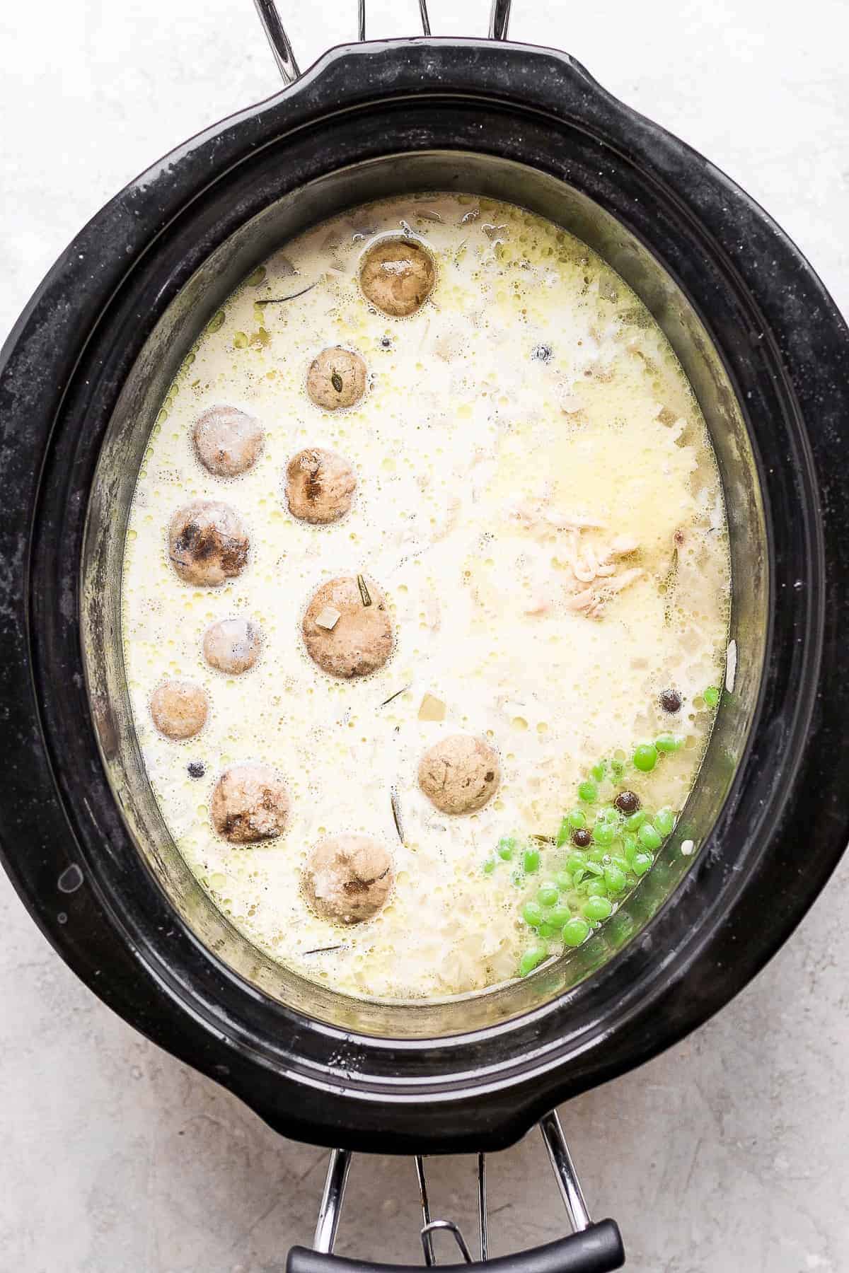 Slow cooker chicken and dumplings in a slow cooker.