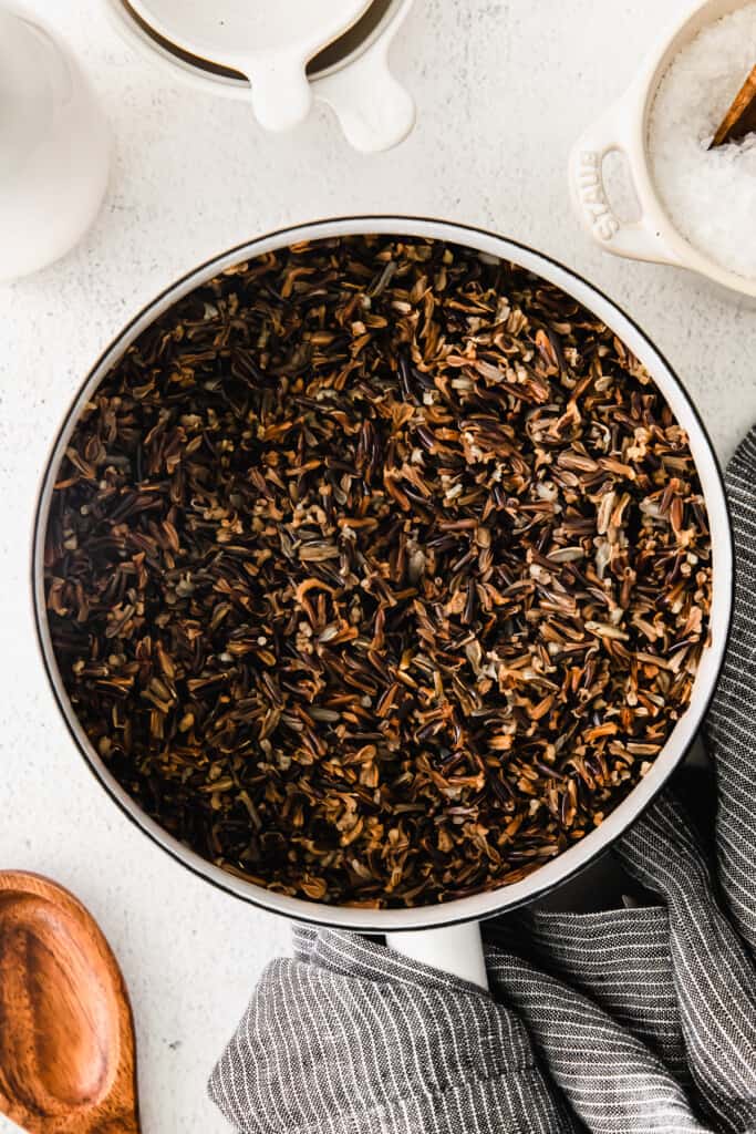 cooked wild rice in a stock pot