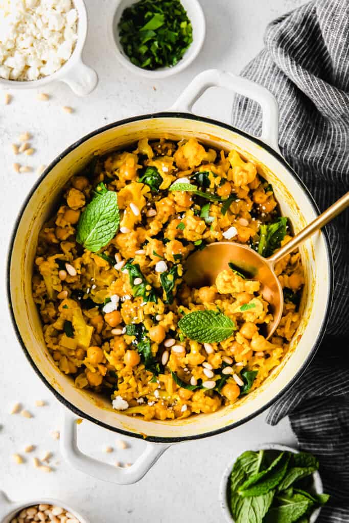 One pot yellow rice with marinated chickpeas. 