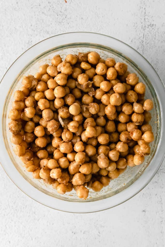 Chickpeas marinating in a bowl. 