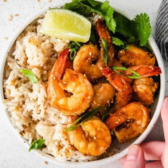 a bowl of sauteed shrimp with rice