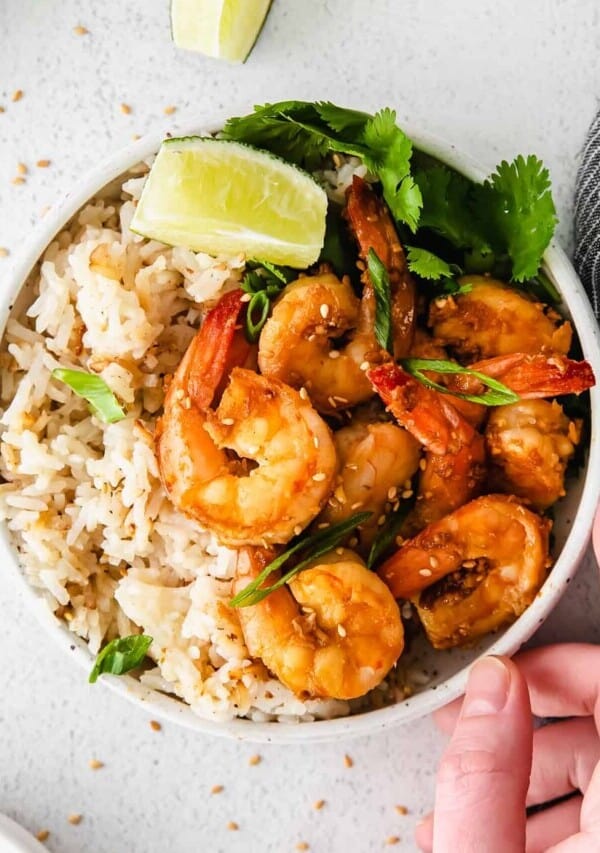 a bowl of sauteed shrimp with rice