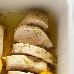 lemon chicken in baking dish.