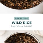 wild rice in a bowl being stirred with a wooden spoon