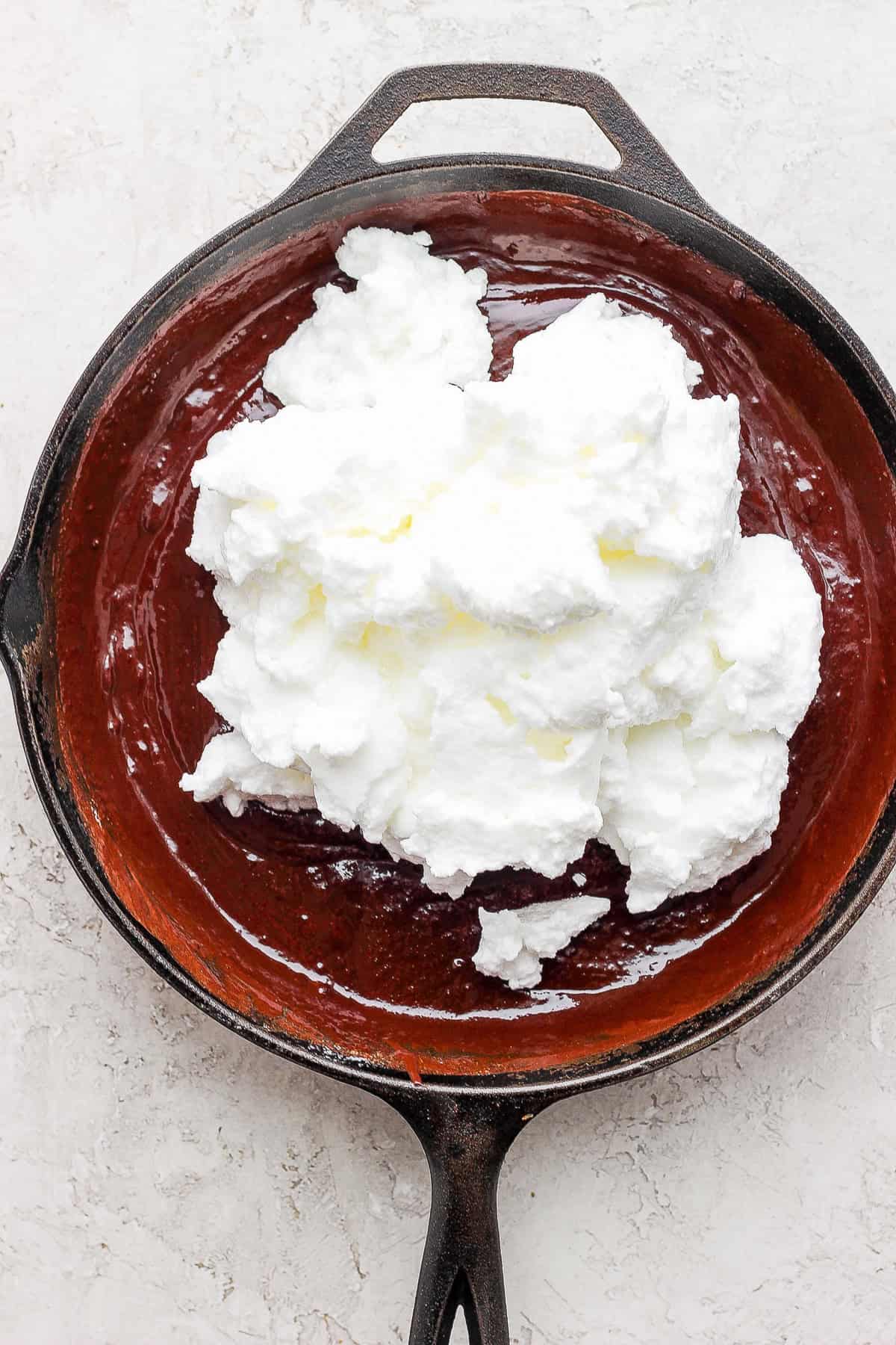 egg whites folded into flourless chocolate skillet cake batter