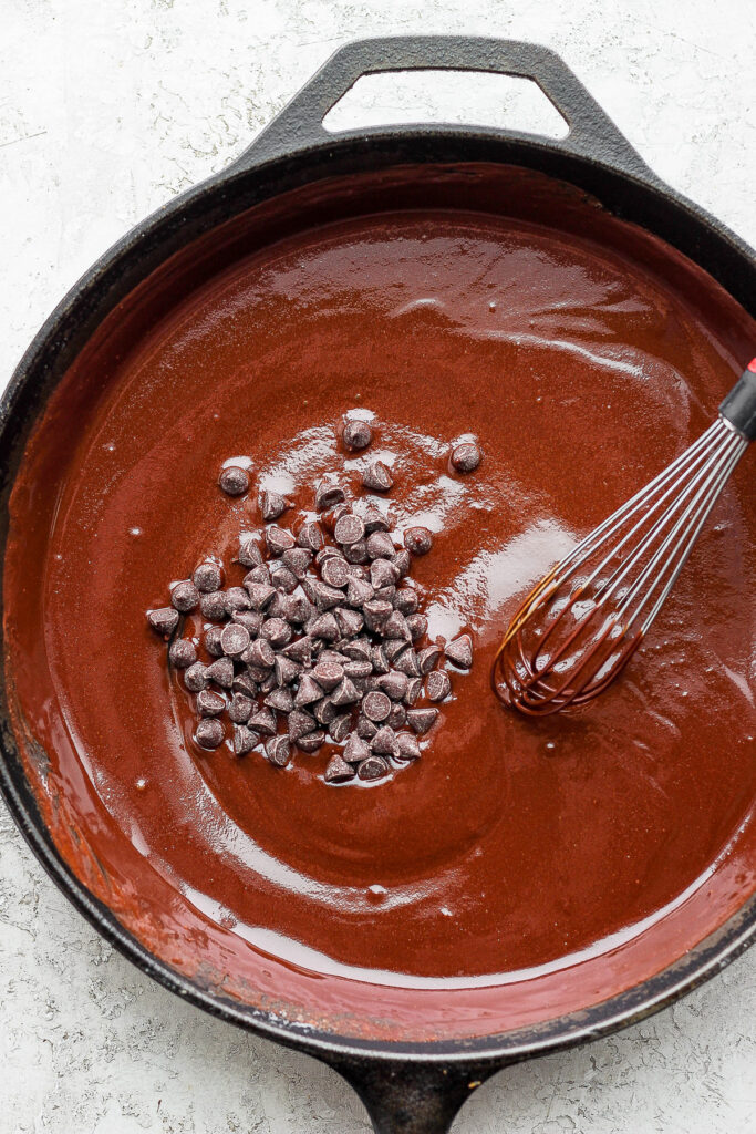 flourless chocolate skillet cake batter in a cast iron skillet