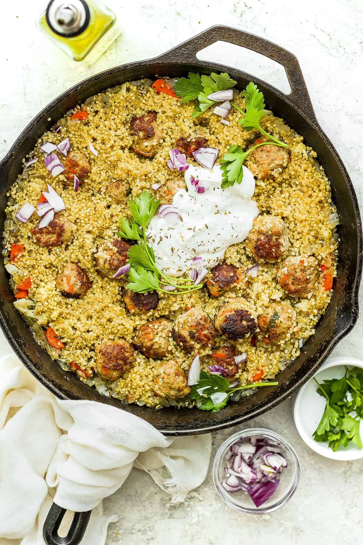 One-Pot Za'atar Meatballs and Quinoa in a cast iron