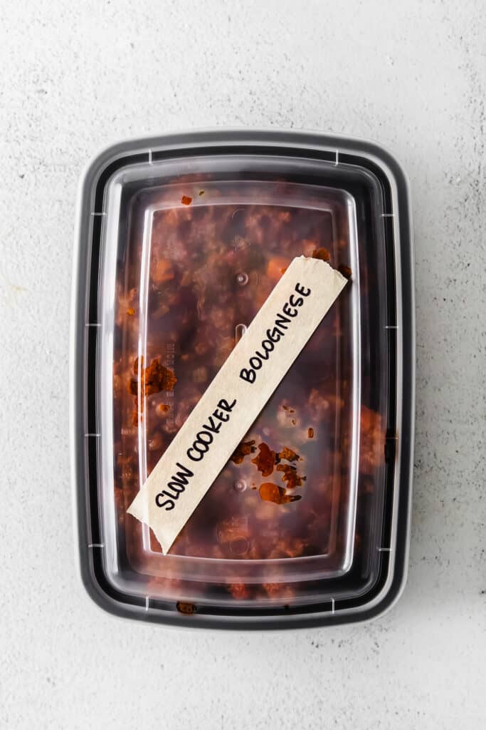 slow cooker bolognese in a freezer safe container