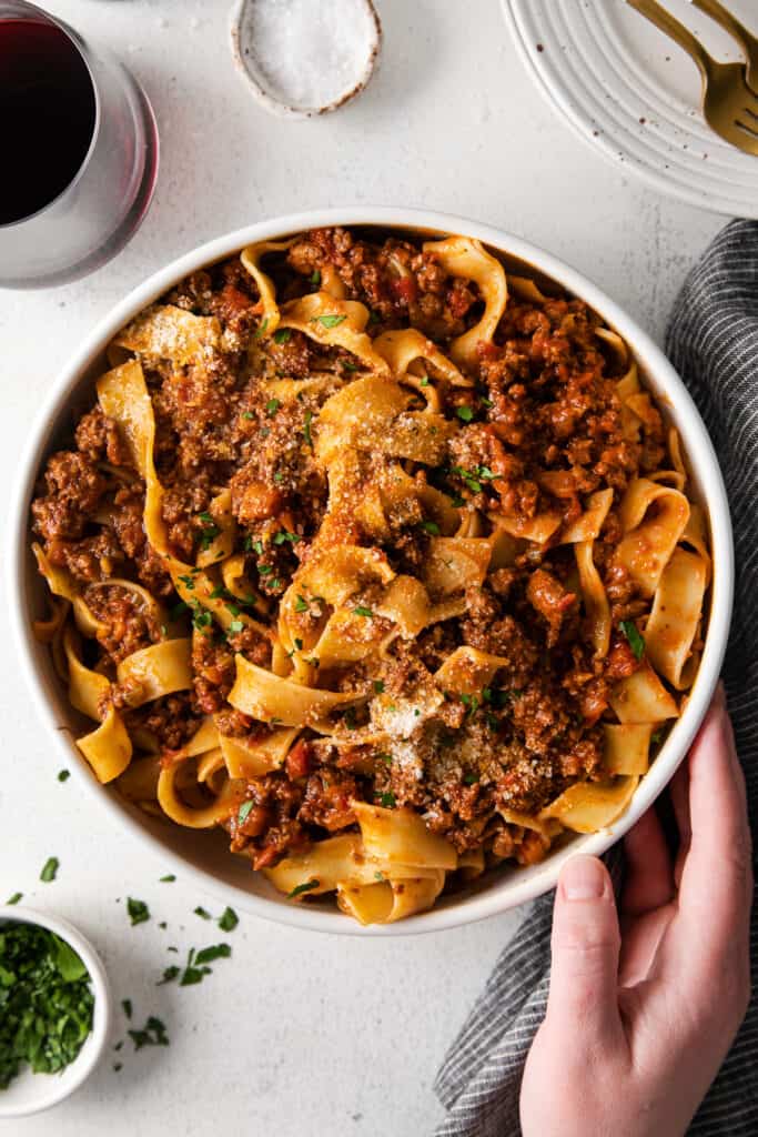 bolognese with pasta in a bowl ready to be served