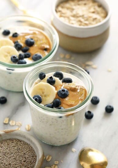 overnight oat in jar with toppings.