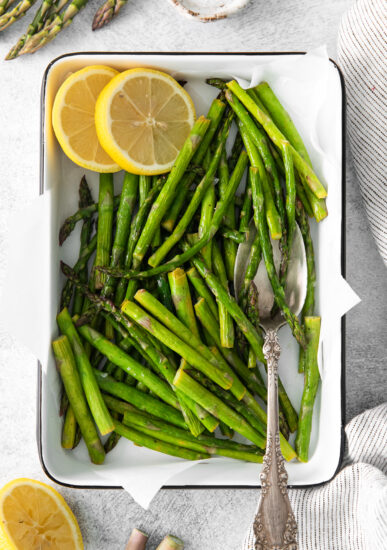 Air fryer asparagus on a platter.