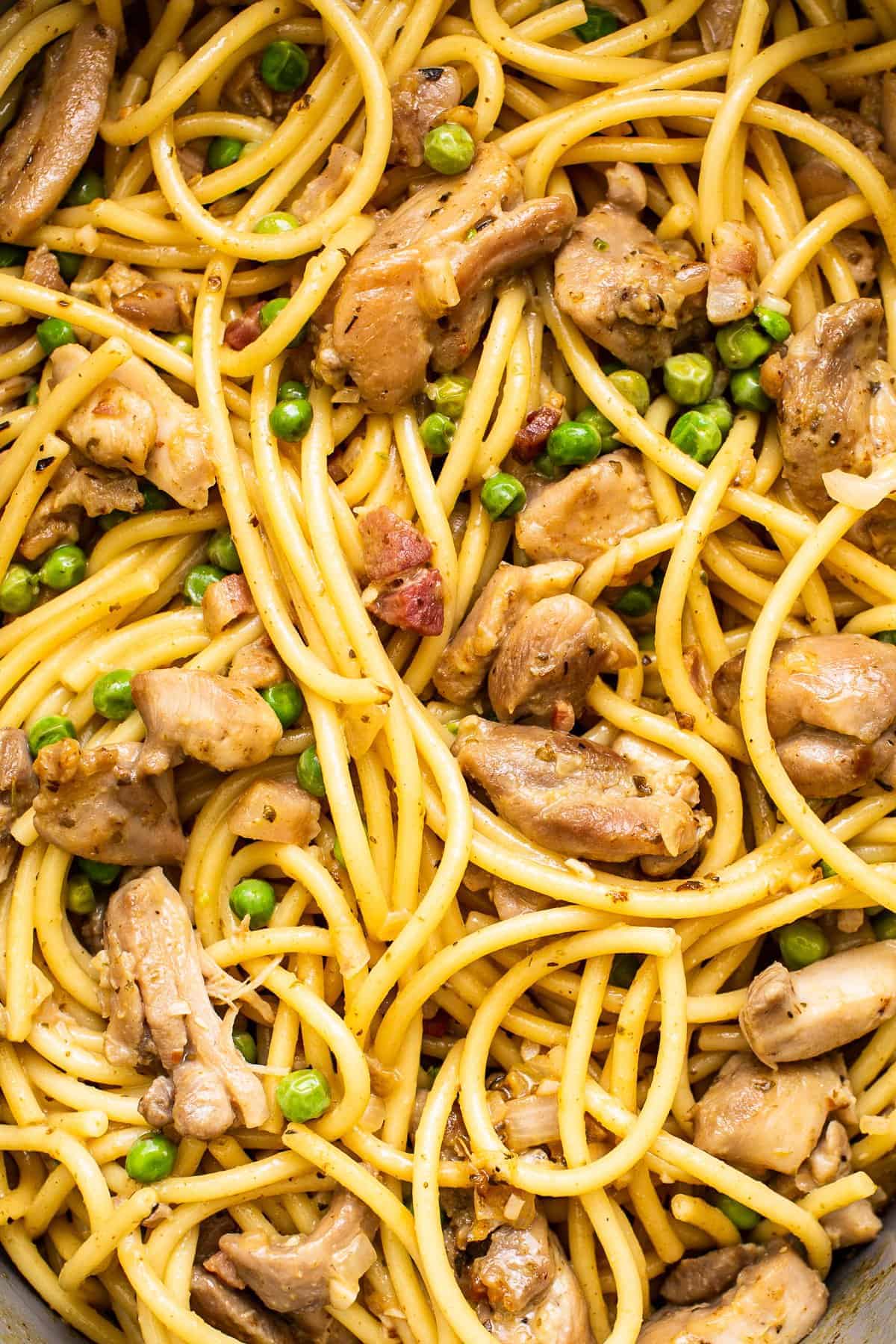 Close up of chicken carbonara pasta.