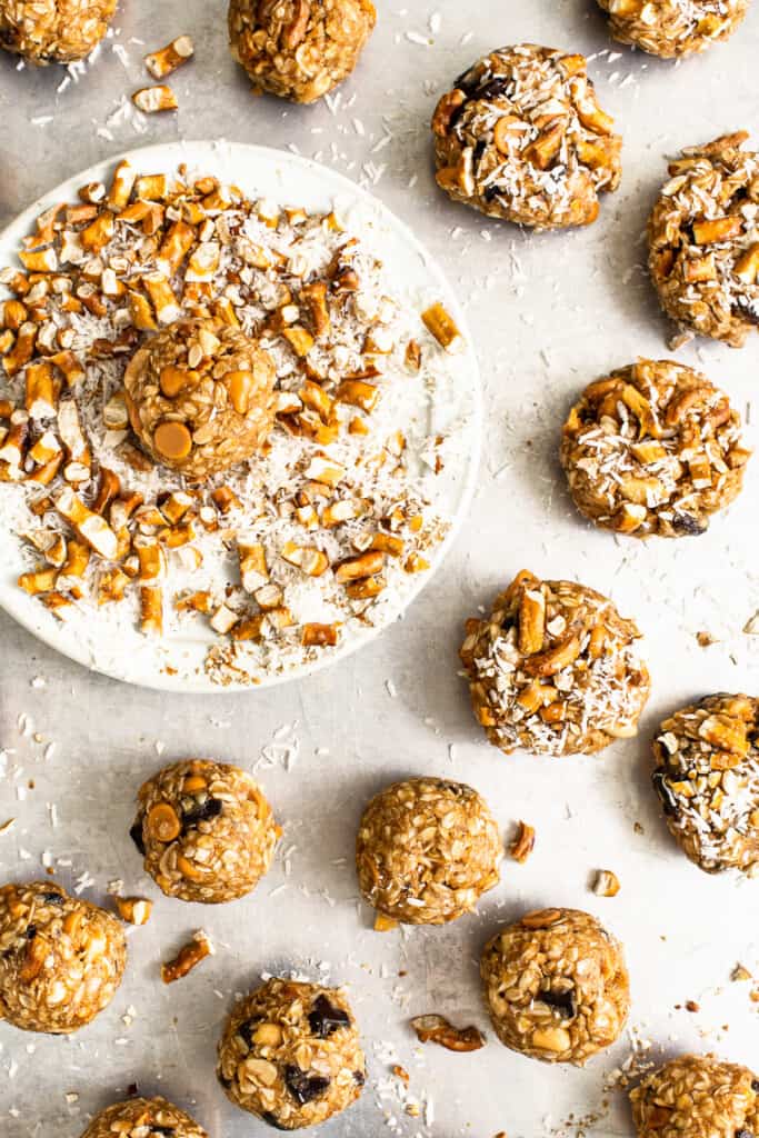 kitchen sink cookie dough balls rolled in pretzels and coconut