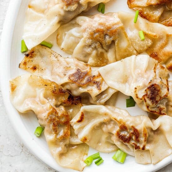 Pork dumplings presented on a white plate with green onions.