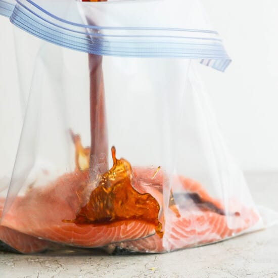 Salmon fillets in a plastic bag.