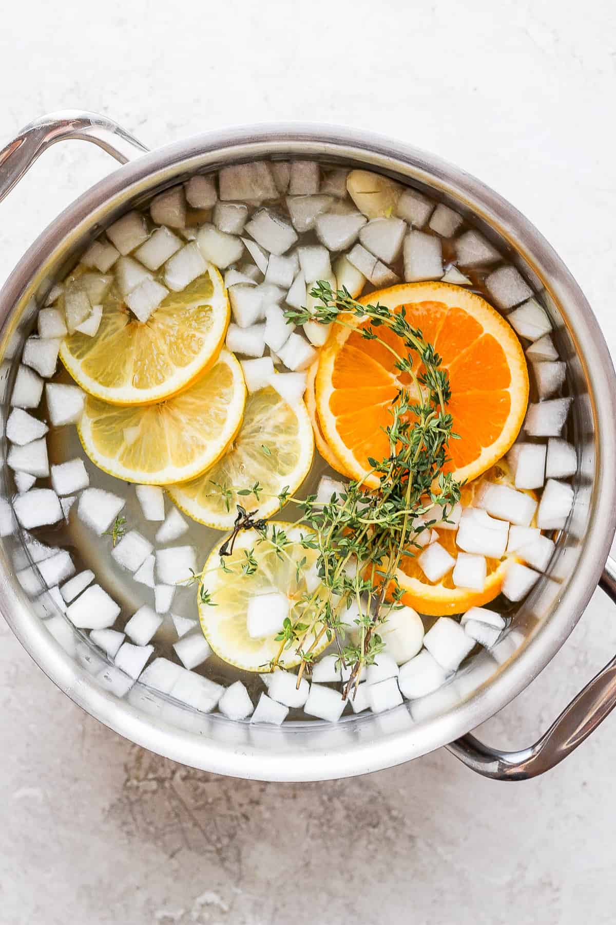 Chicken brine in a pot.