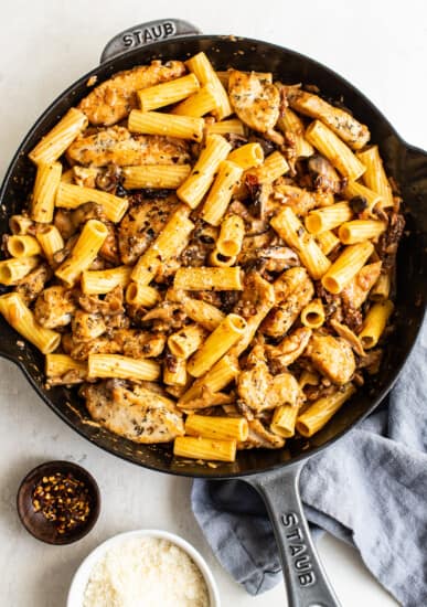 chicken mushroom pasta in a pan.