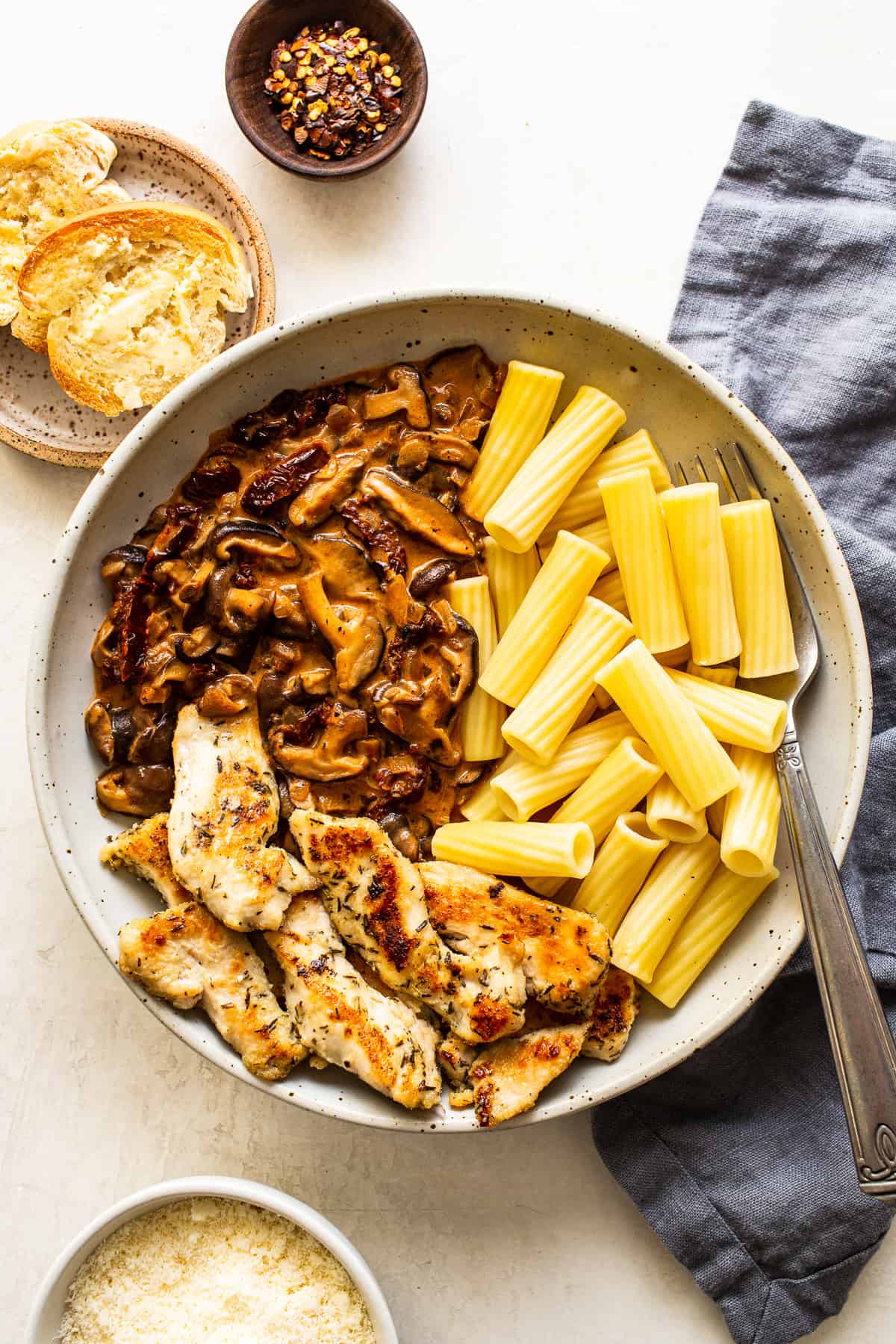 Bowl of chicken mushroom pasta