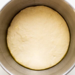 Dough in a metal bowl on a white surface.