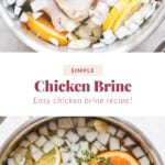 Chicken brine in a pan with lemon slices and orange slices.