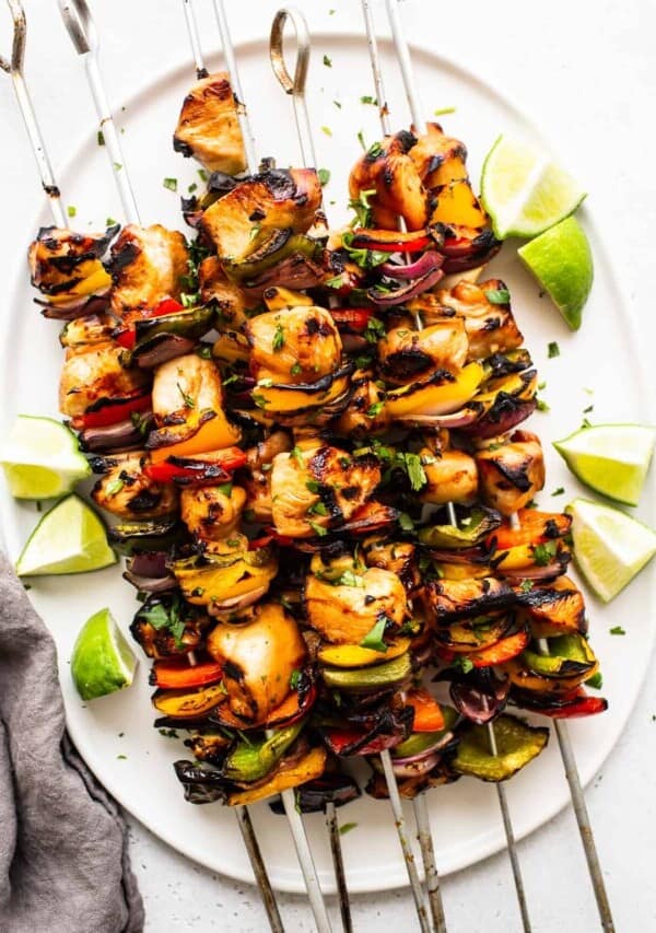 chicken kebabs on plate.