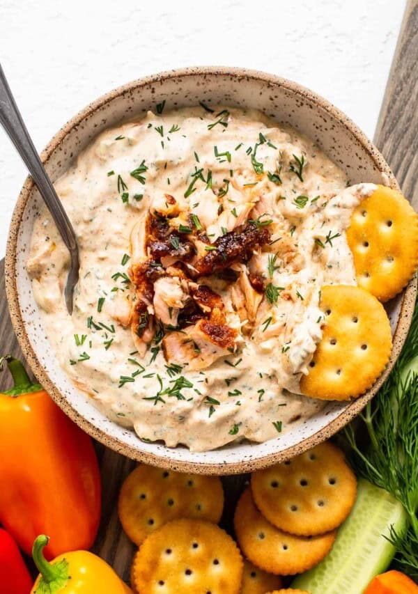 smoked salmon dip with crackers and vegetables