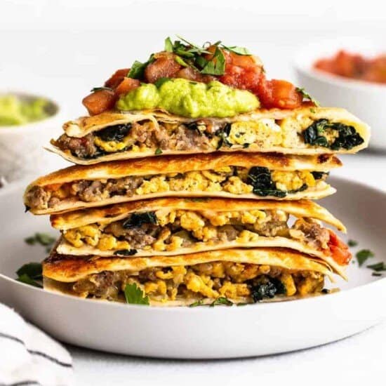 Breakfast quesadillas on a plate.