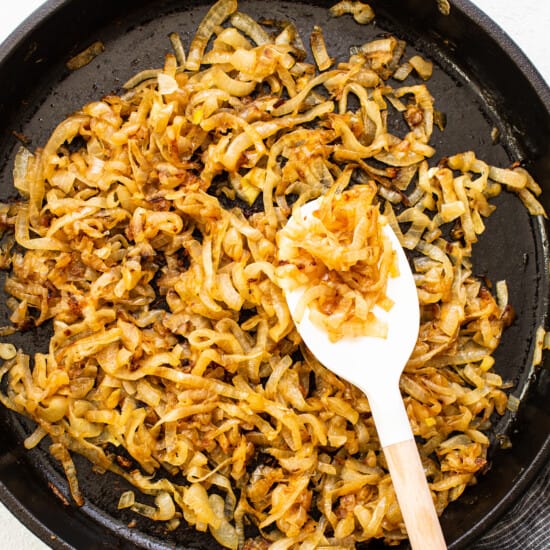 Caramelized onions in a skillet pan.