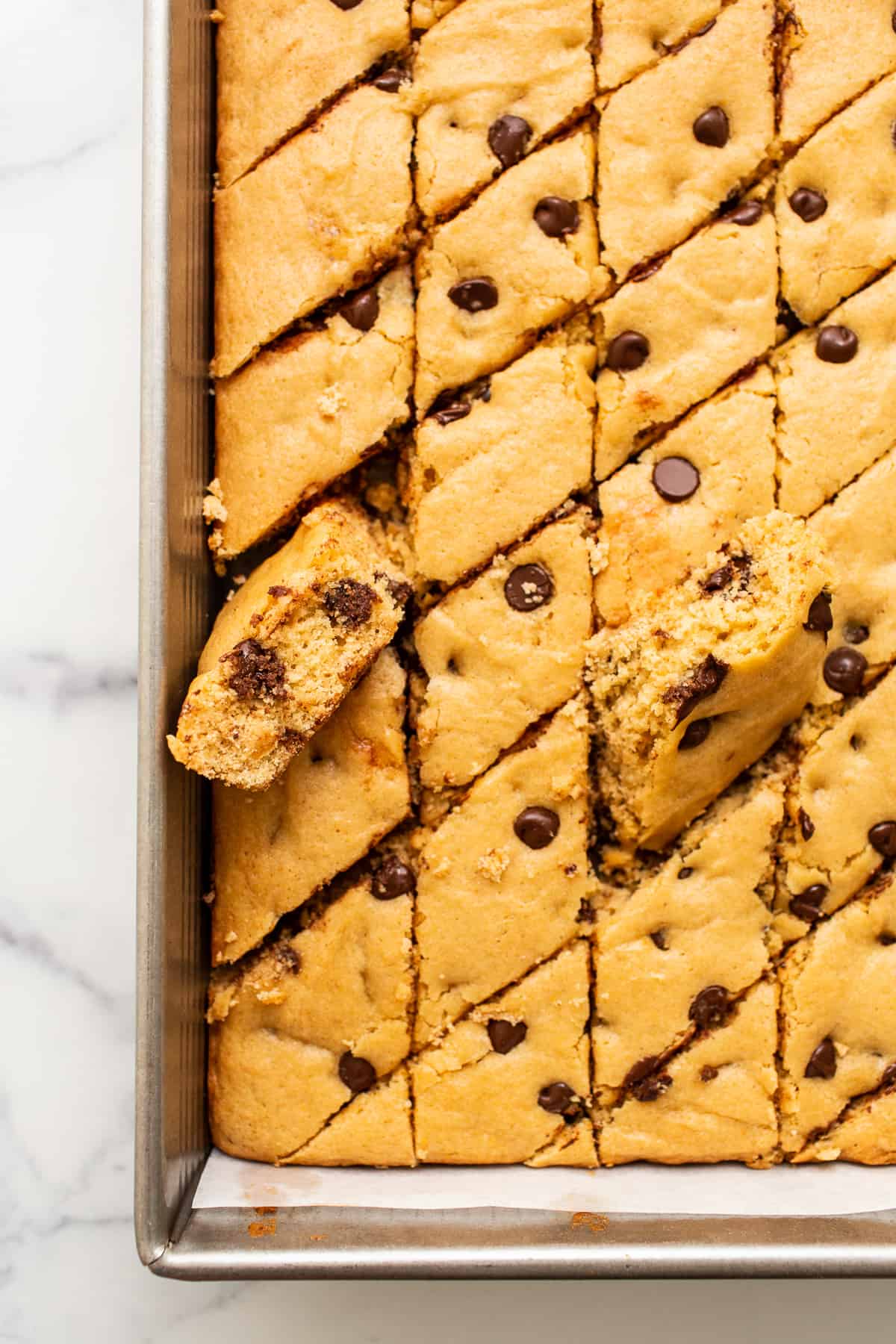 blondie bars in baking dish.