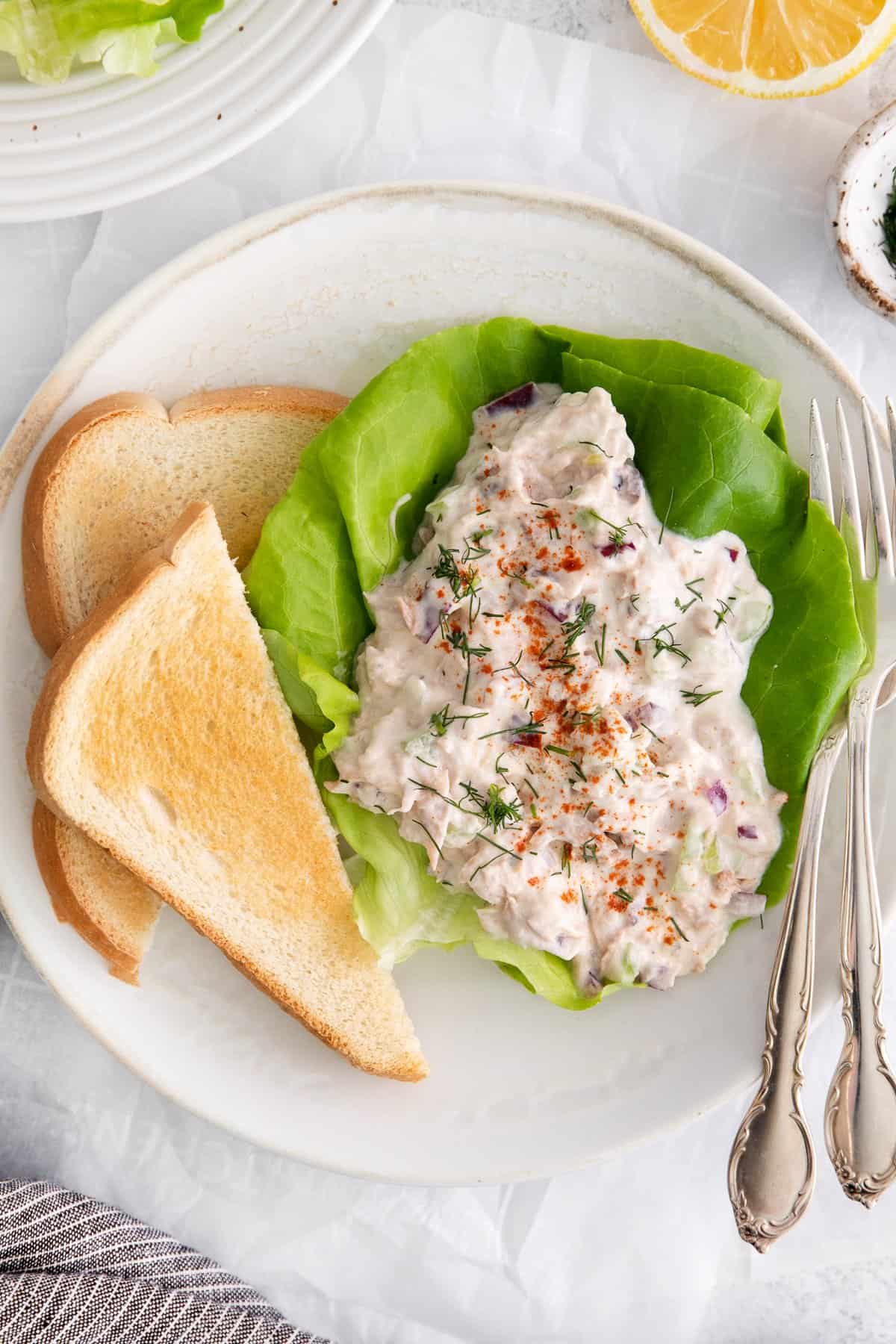 Tuna salad on a bed of bib lettuce.