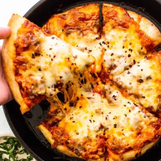 pizza made in cast iron skillet.