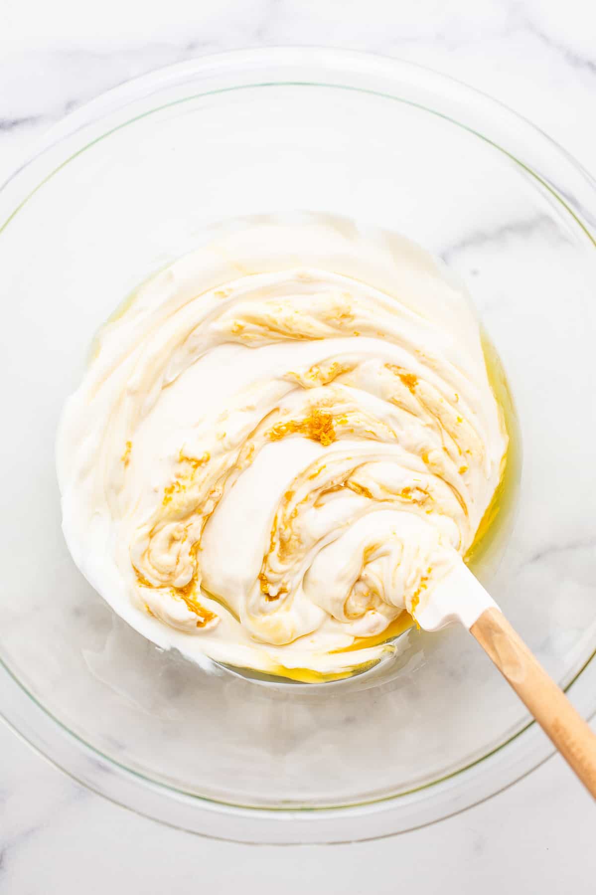 Fruit dip ingredients mixed in a bowl.