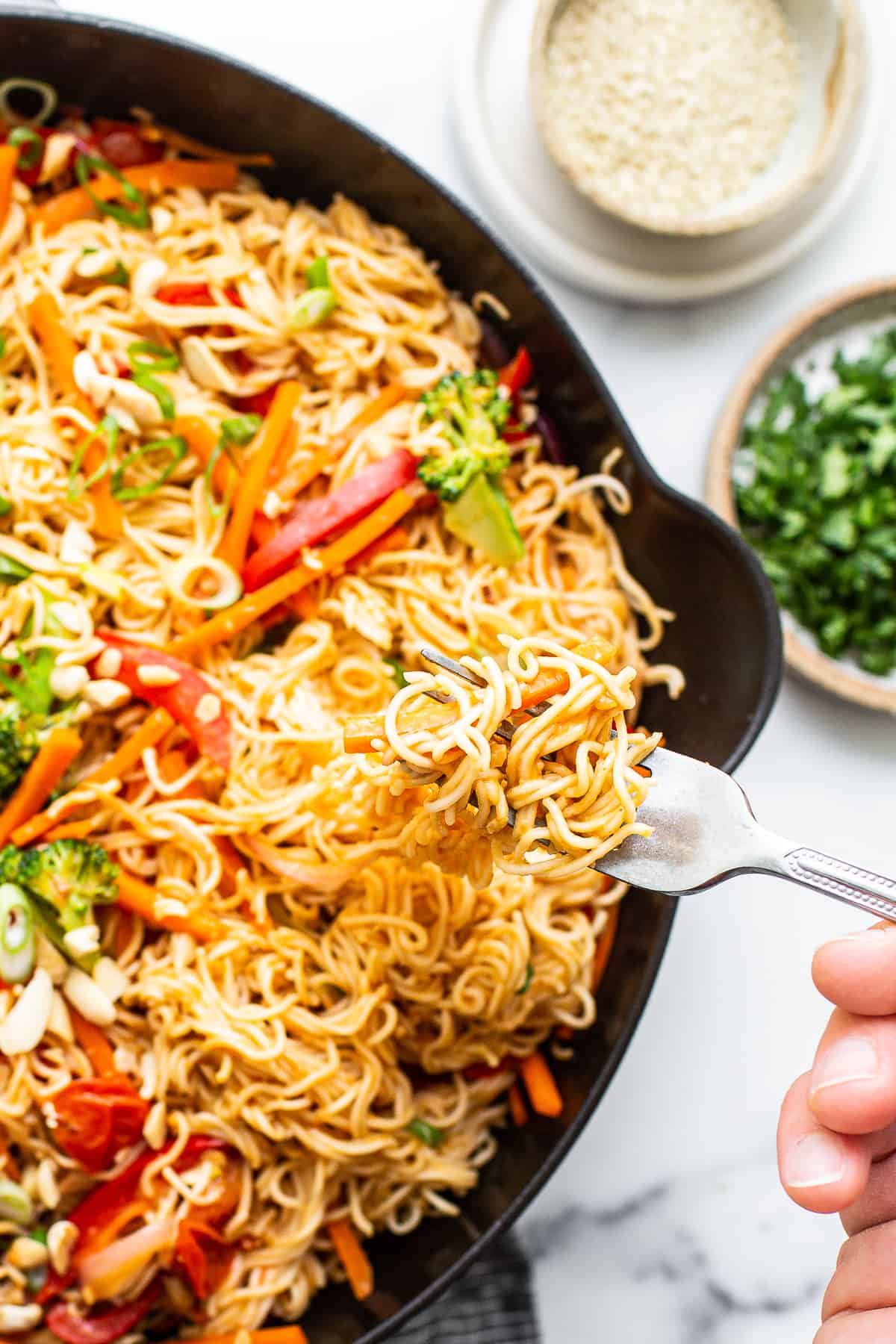 Sesame peanut noodles in dish.