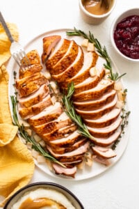 Smoked turkey breast sliced on a plate.