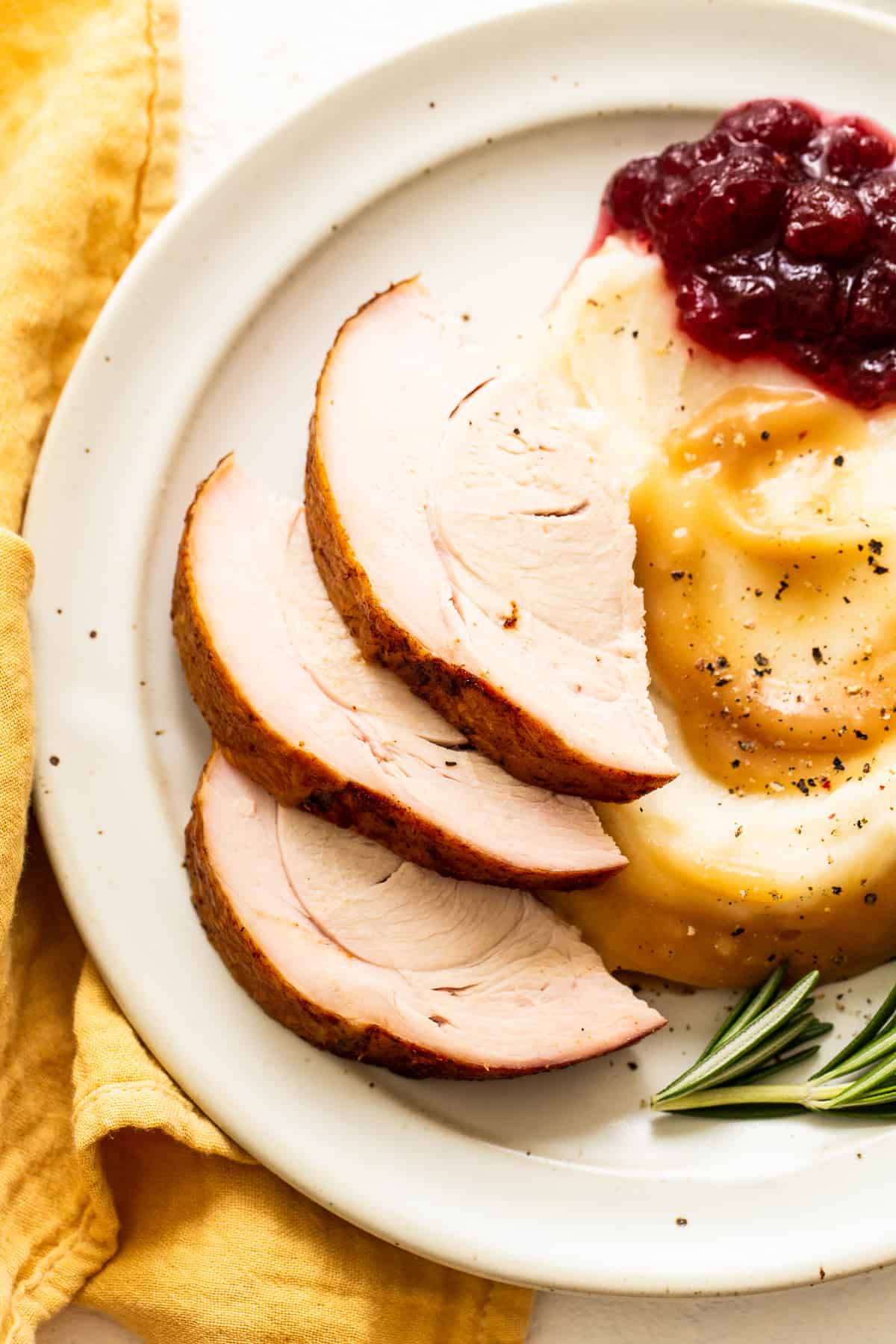 Sliced turkey plated with mashed potatoes and cranberry sauce. 