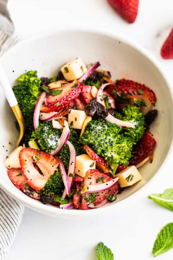 Strawberry broccoli salad in a bowl.